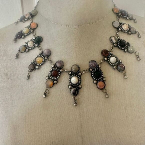 Artisan Multi-Stone Bib Necklace Silver-Tone Boho Statement - Picture 1 of 11